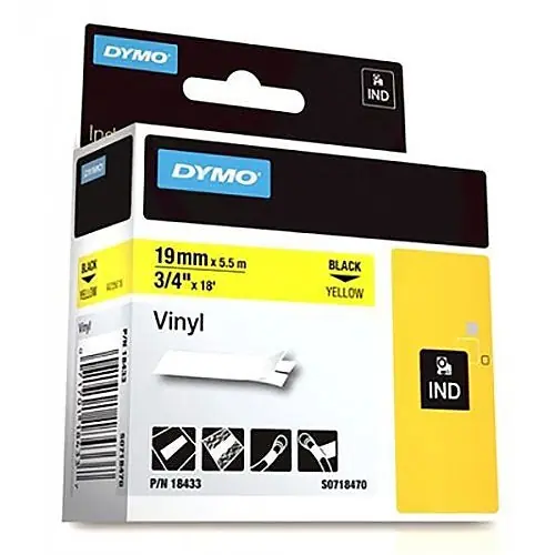 DYMO 18433 Rhino Vinyl Tape 19MM Yellow Black Text