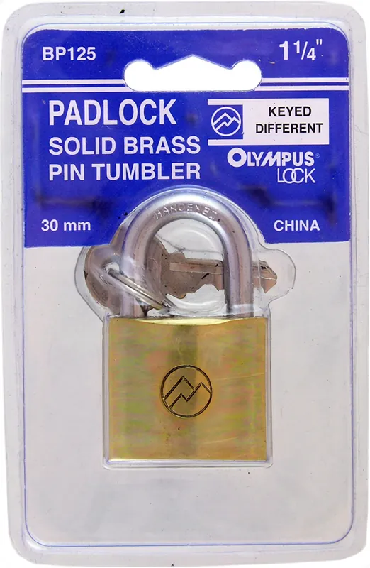 Olympus Lock BP125KA#51 Padlock, Heel and Toe Locking, Keyed Alike, 1-1/4 Width, 5/8 Shackle, Solid Brass Body, Hardened Steel Shackle, With (3) #51 Key