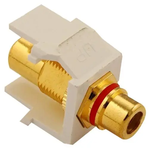 Leviton 40830-BWR QuickPort RCA Connector, Feed-Through, Snap-In, Gold-Plated, Red Stripe, White