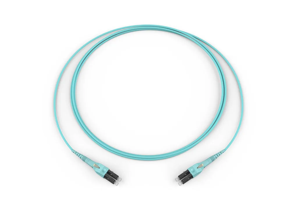 CORNING 797902QD120002M Reverse Polarity Uniboot Duplex Jumper, Standard LC Uniboot MM, OM4 50um, 2F, DFX 250 Riser, Standard Aqua Jacket 2 Meters
